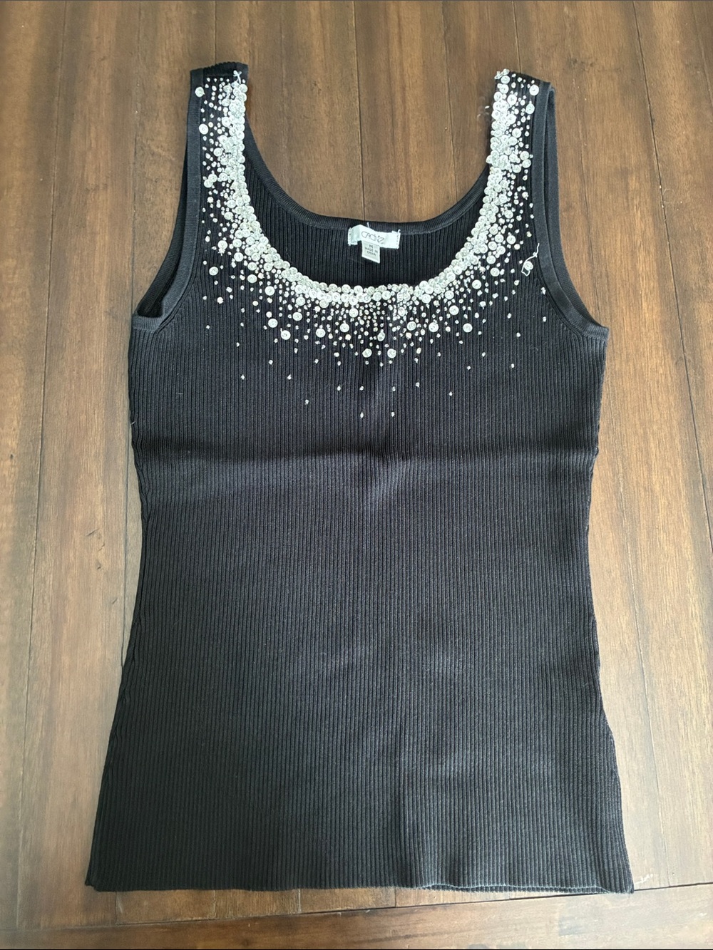 Cache Black Ribbed Tank with Pearl Cluster Trim